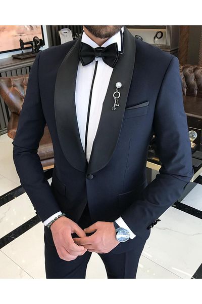 TerziAdemAltun Italian Cut Slim Fit Shawl Collar Jacket Pants Groom Suit Set Navy Blue T9182