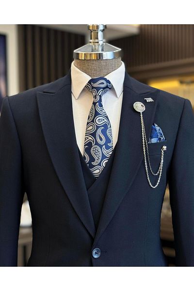 TerziAdemAltun Navy Blue Slim Fit Italian Style Jacket Vest Trousers Set - T11541
