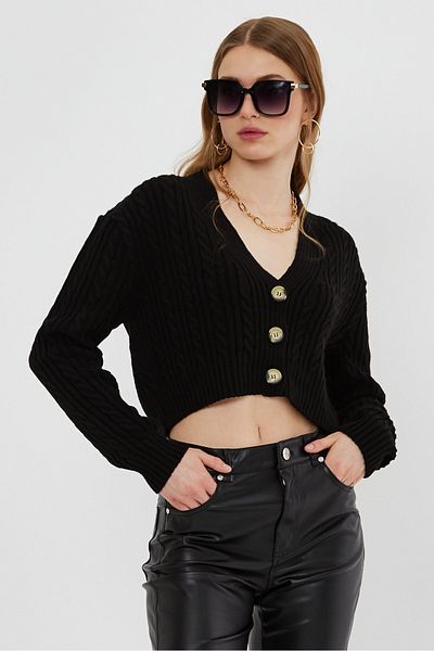 SHERIN Black Hair Knitted Patterned Knitted Cardigan