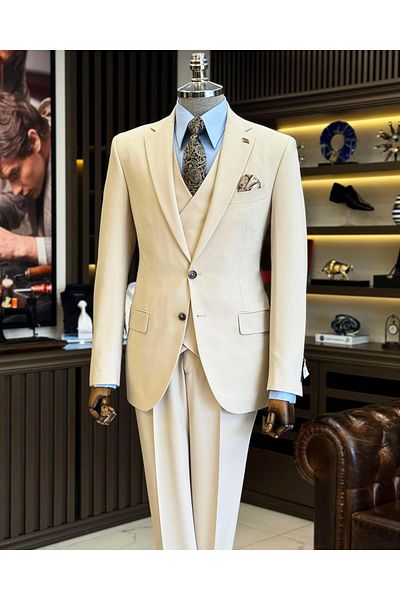 TerziAdemAltun Beige Colored Classic Cut Regular Fit Jacket and Vest Pants Set - T12242