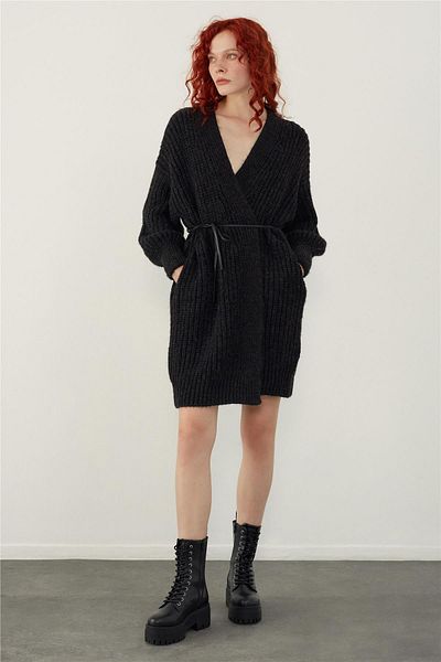 SHERIN Ανθρακί Oversize Μακρύ Πλεκτό Ζακέτα με ανοιχτή μπροστινή πλευρά