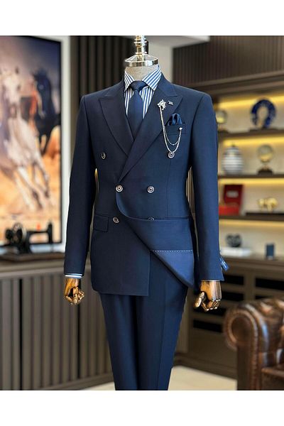 TerziAdemAltun Navy Blue Slim Fit Italian Style Men's Double Breasted Jacket and Pants Set - T12692
