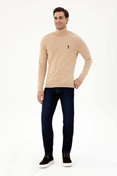 U.S. Polo Assn. Erkek Slim Fit Boğazlı Yaka Kum Melanj Basic Kazak 50293523-VR123