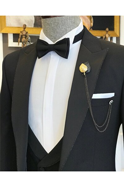 TerziAdemAltun Italian Cut Men's Jacket Vest Pants Groom Suit Set Black T6313