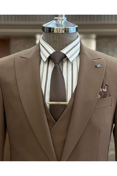 TerziAdemAltun Italian Style Brown Jacket and Dress Set - Vest and Trousers T12005