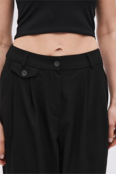 SHERIN Black Button Detailed High Waist Trousers