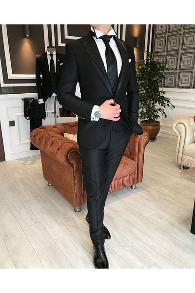 TerziAdemAltun Italian Style Jacket Vest Trousers Black Dobby Groom Suit Set T3746