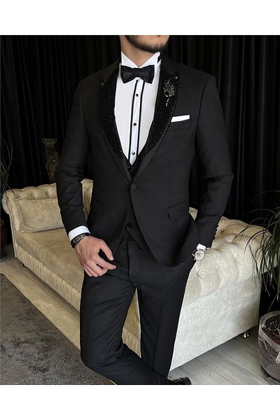 TerziAdemAltun Italian Cut Jacket Vest Pants Groom Suit Set Black T7166