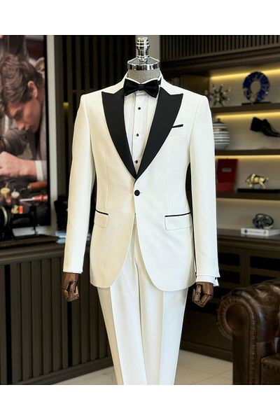TerziAdemAltun Ecru Slim Fit Italian Cut Pointed Collar Jacket and Trousers Set - T12221