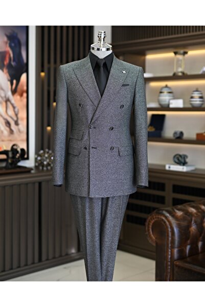 TerziAdemAltun İtalyan stil slim fit erkek kruvaze ceket pantolon takım elbise siyah T11557