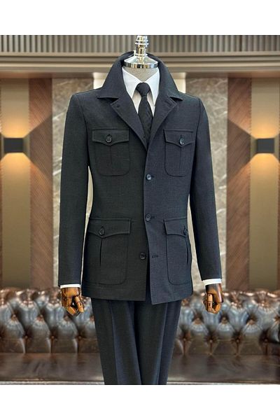 TerziAdemAltun Anthracite Italian Style Slim Fit Safari Jacket and Trousers Set - T11959