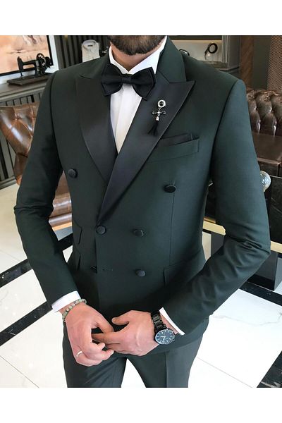 TerziAdemAltun Italian Cut Slim Fit Double Breasted Jacket Pants Groom Suit Set Green T9218