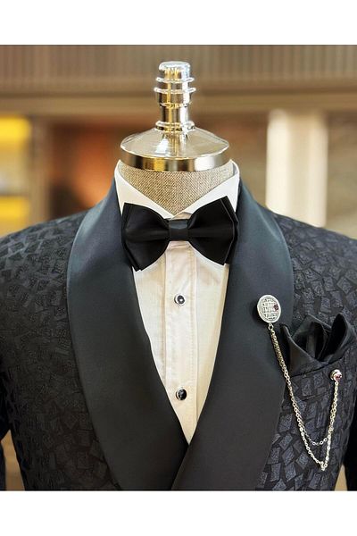 TerziAdemAltun Black Slim Fit Shawl Collar Double Breasted Jacket and Pants Set - T11795