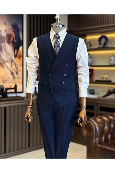 TerziAdemAltun Men's Navy Blue Vest and Trousers Set - Italian Style T12201