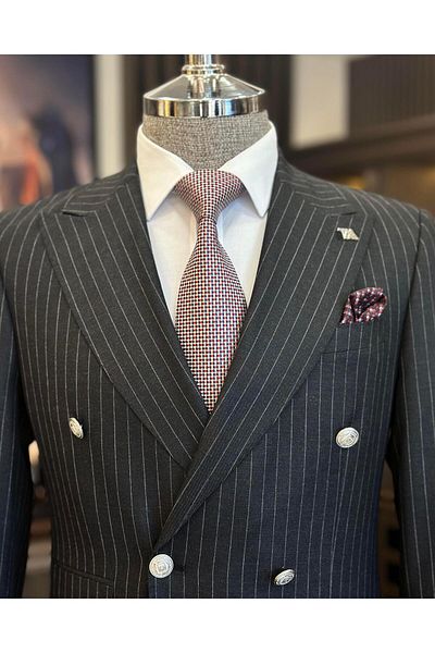 TerziAdemAltun Italian style striped double-breasted jacket pants suit anthracite T11212