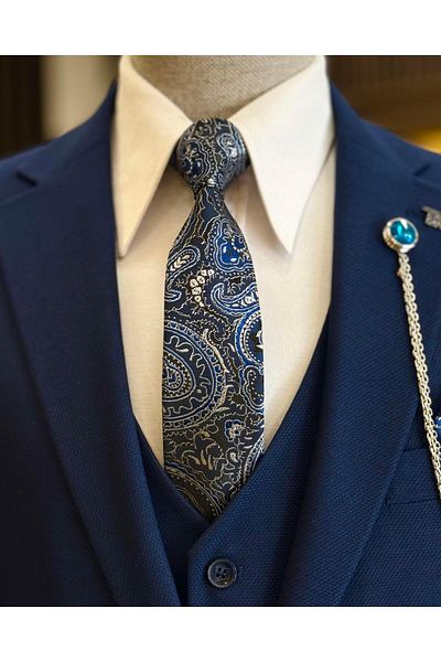 TerziAdemAltun Navy Blue Italian Style Slim Fit Vest and Trousers Set - 4 Drop Jacket T12107