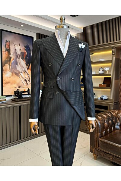 TerziAdemAltun بدلة بنطلون وسترة مزدوجة الصدر على الطراز الإيطالي باللون الأسود T11912