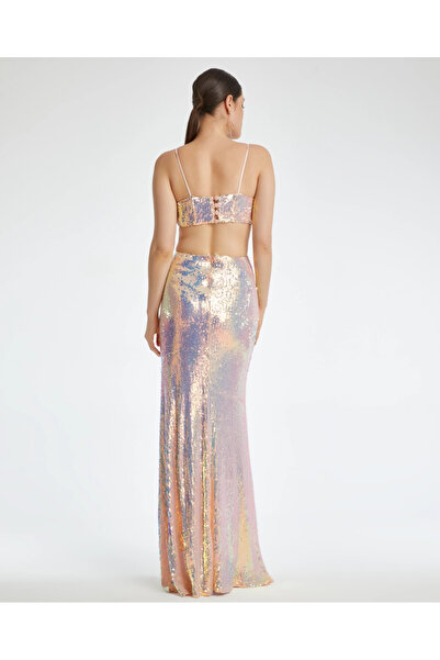 SERPİL İnce Askılı Zincir Detaylı Pencereli Payetli Balık Form Pembe Elbise 37185