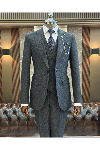 TerziAdemAltun Navy Blue Slim Fit Italian Style Men's Suit - Jacket, Vest, Trousers T11213