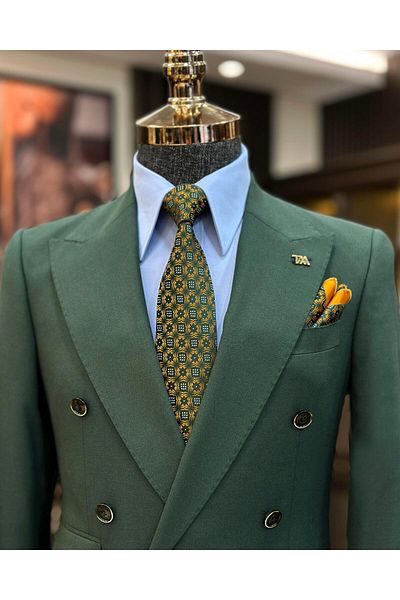 TerziAdemAltun Italian style double-breasted jacket pants men's suit green T11087
