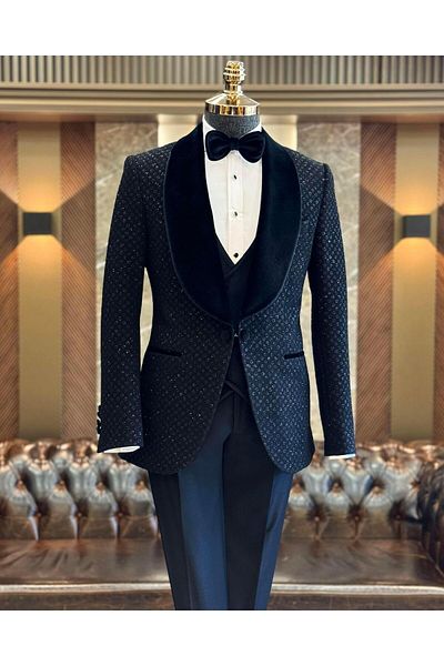 TerziAdemAltun Black Slim Fit Shawl Collar Jacket and Vest Pants Set - T12569