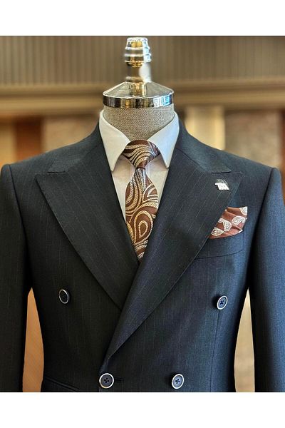 TerziAdemAltun Navy Blue Slim Fit Striped Double Breasted Jacket and Trousers Set - T11689