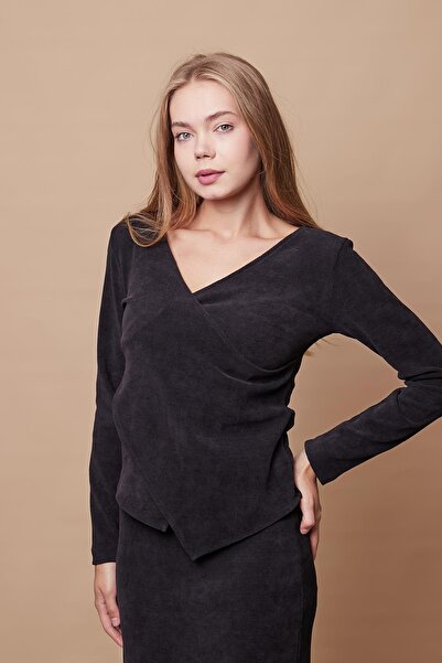 Jument Women's Ribbed Stretchy Winter Velvet Fabric Double Breasted Long Sleeve Blouse (Skirt Jument 105004 )-Black