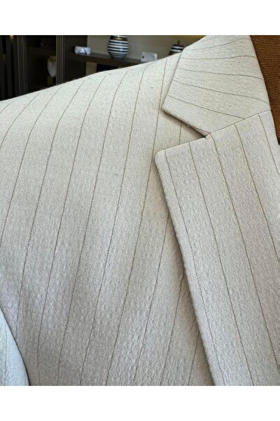 TerziAdemAltun Beige Italian Style Slim Fit Striped Jacket and Tie-Up Waist Trousers Set - T11811
