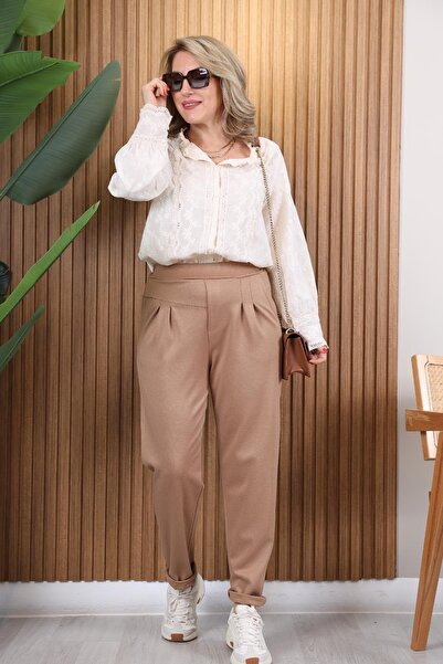 MİSLİNA BUTİK İthal Bel Detay Piliseli Açık Kahve Pantolon