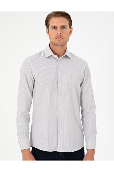 Pierre Cardin Kahverengi Çizgili Slim Fit Uzun Kollu Gömlek 50294159-VR029