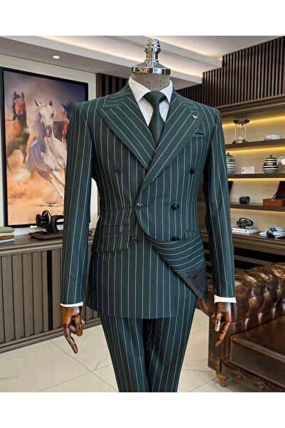 TerziAdemAltun طقم جاكيت وبنطلون مخطط مزدوج الصدر باللون الأخضر - T11937