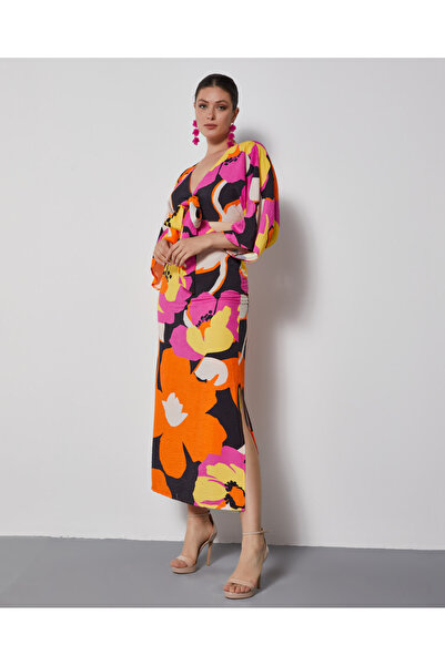 SERPİL Bel Pencereli Önden Bağlamalı Desenli Turuncu Elbise 36950