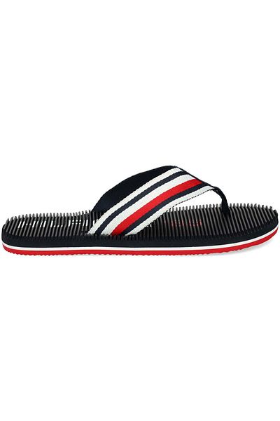 Tommy Hilfiger Men's Brand Logo Polyester Top Split Eva Rubber Outsole Signature Banded Flip Flop Navy Blue Sweat