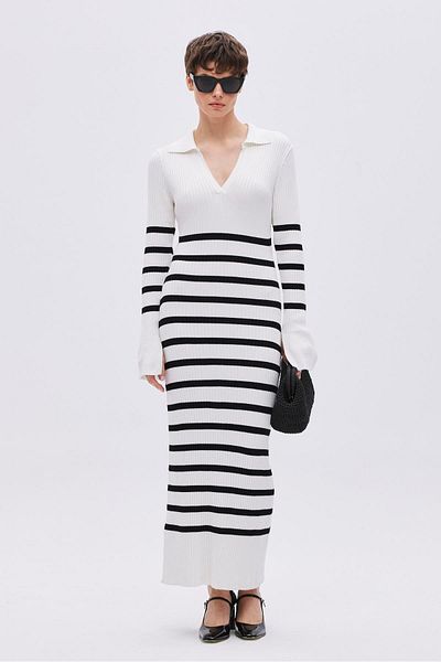SHERIN White Striped Long Knitwear Dress