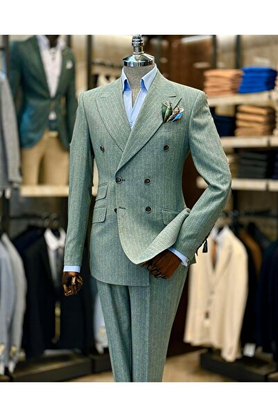 TerziAdemAltun طقم جاكيت وبنطلون مخطط مزدوج الصدر باللون الأخضر - T12580