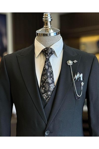 TerziAdemAltun Black Italian Style Jacket Vest and Trousers Set - T12836