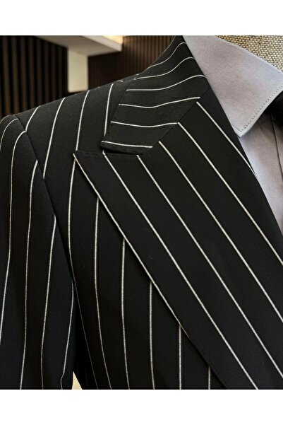 TerziAdemAltun Black Slim Fit Striped Double Breasted Jacket and Trousers Set - T11933