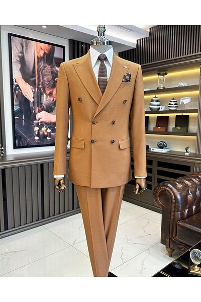 TerziAdemAltun Italian style slim fit double breasted jacket pants suit camel T11360