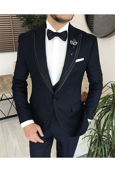 TerziAdemAltun Italian Cut Jacket Vest Trousers Groom Suit Set Navy Blue T8123