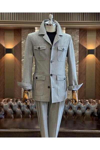 TerziAdemAltun Gray Slim Fit Italian Style Safari Jacket and Trousers Set - T11960