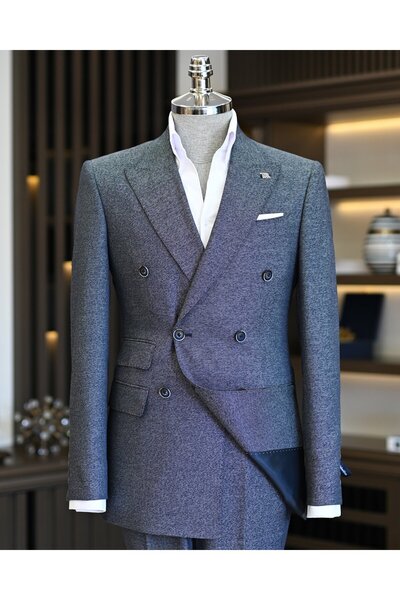 TerziAdemAltun Navy Blue Slim Fit Italian Style Men's Double Breasted Jacket and Pants Set - T11556