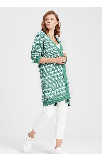 SHERIN Green Patterned Buttoned Cardigan