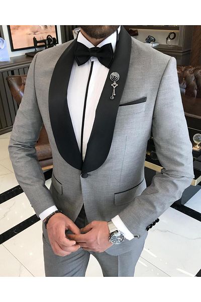 TerziAdemAltun Italian Cut Slim Fit Shawl Collar Jacket Trousers Groom Suit Set Gray T9179