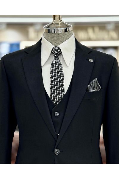 TerziAdemAltun Black Slim Fit 4 Drop Jacket and Vest Pants Set - Italian Style T12090