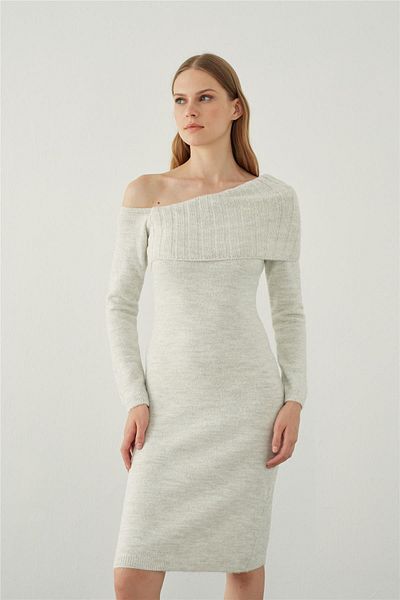 SHERIN Ecru Asymmetrical Off-the-Shoulder Knitwear Dress