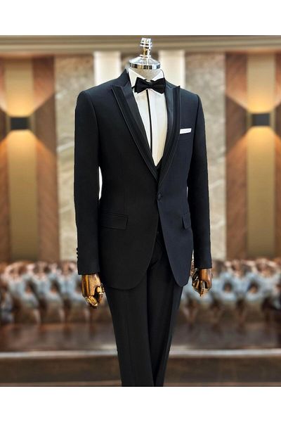 TerziAdemAltun Black Slim Fit Italian Cut Jacket and Vest Set - Groom Suit T11821