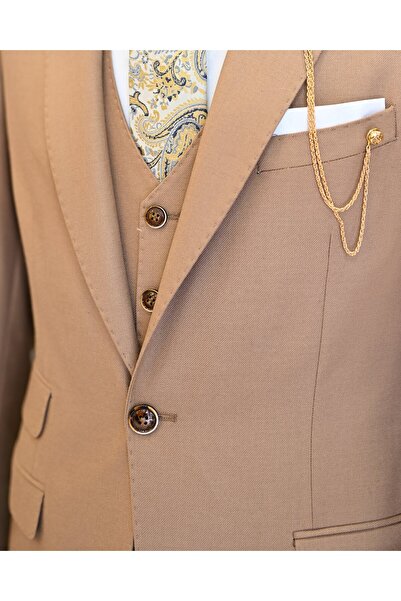 TerziAdemAltun İtalyan stil slim fit ceket yelek pantolon takım elbise camel T11606