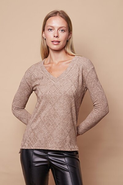 Jument Πλεκτό μπλούζα με λαιμόκοψη σε σχήμα V - Πλαϊνό σκίσιμο, εκτός ώμου, μακρυμάνικο, καμηλό