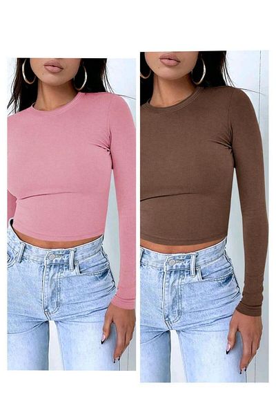 ÖZ PAMUK OZ COTTON 2 ΤΕΜ. Γυναικεία μαύρη ριμπ λαιμόκοψη Crop μπλούζα