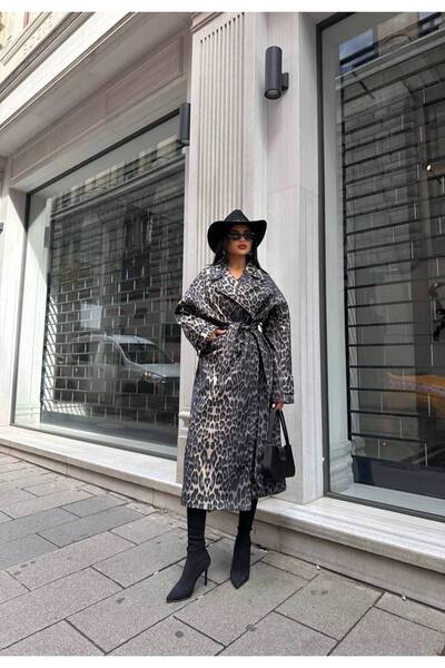LB Laluna Butik Leopard Print Long Coat - Women'S, Belted, Stamped, Oversize Comfortable Cut